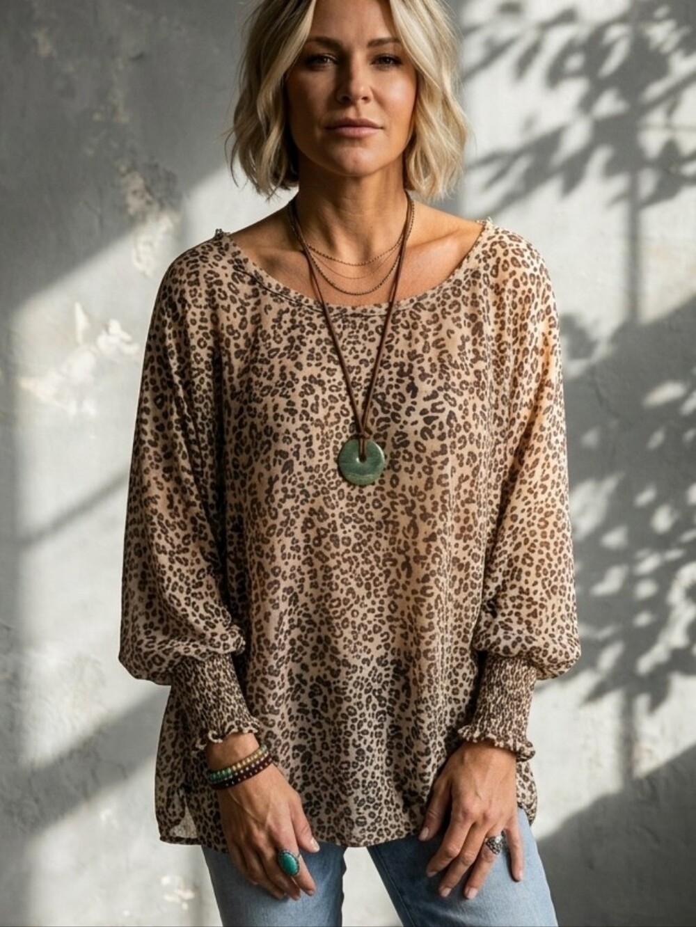 ee:some Oversized Flowy Leopard Print Balloon Sleeve Tunic Blouse Small/Med